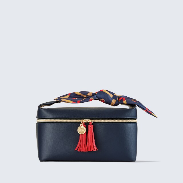Navy Train Case With Lipstick Print Scarf Hande