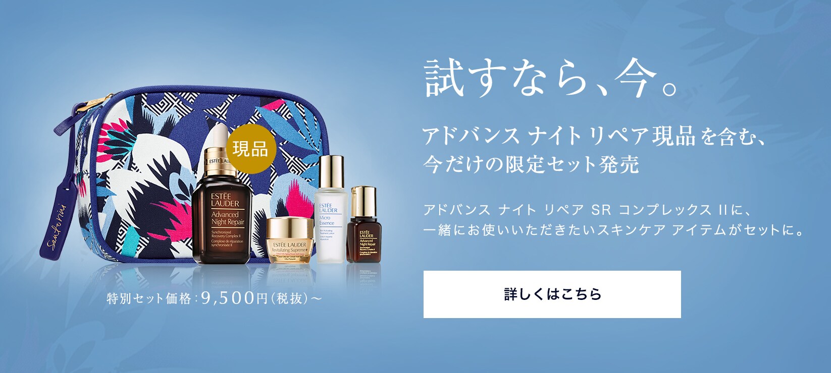 試すなら、今。アドバンス ナイト リペア現品を含む、今だけの限定セット発売 アドバンス ナイト リペア SR コンプレックス II に、 一緒にお使いいただきたいスキンケア アイテムがセットに。 特別セット価格:9,500円(税抜)〜詳しくはこちら