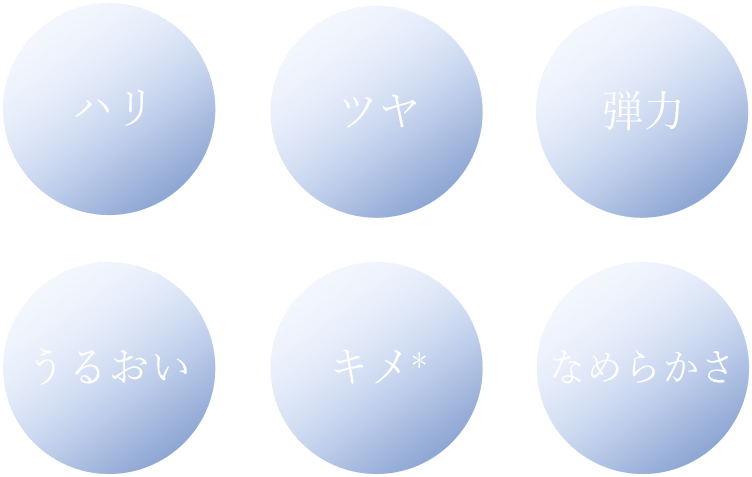 ハリ、ツヤ、弾力、うるおい、キメ、なめらかさ